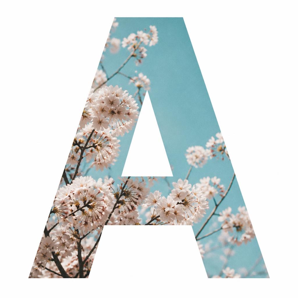 Letter A filled with cherry blossom branches against a blue sky